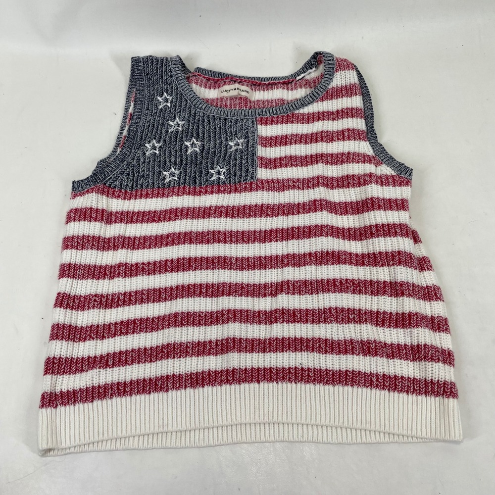 Lucky Brand American Flag Sweater Vest Womens Large Stars Stripes Knit Tank Top